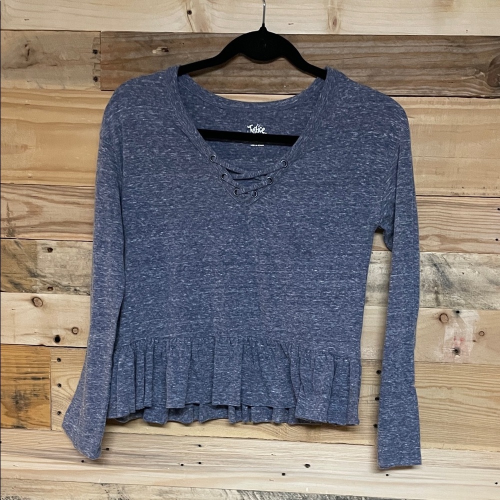 Justice size 12 Heathered Blue Lace Up Soft Long Sleeve Top with Ruffle Detail